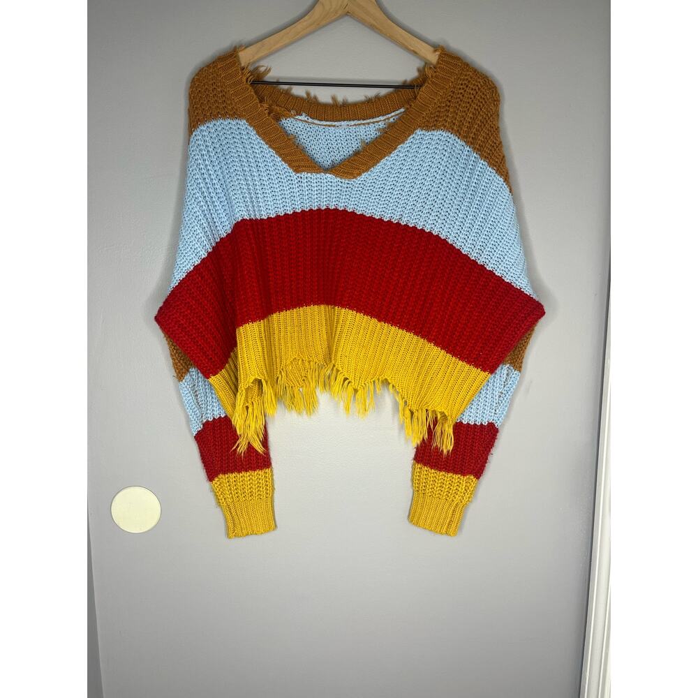 Multi-Colored Stripe Knit V-Neck Sweater with Fringe